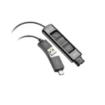 Poly DA85 digital audio processor adapter with inline volume touch buttons, QD port, and split USB-A USB-C plug.