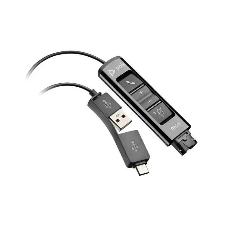 Poly DA85 digital audio processor adapter with inline volume touch buttons, QD port, and split USB-A USB-C plug. Poly DA85 digital audio processor adapter with inline volume touch buttons, QD port, and split USB-A USB-C plug.