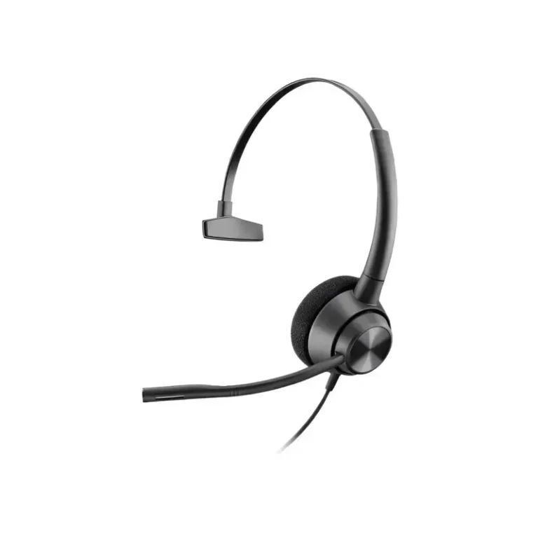 Poly EncorePro 310 QD monaural headset with single foam ear cushion, adjustable boom microphone, and T-bar headband.