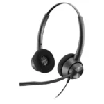 Poly EncorePro 320 QD binaural headset with black foam ear cushions, flexible boom microphone, and wired connection.
