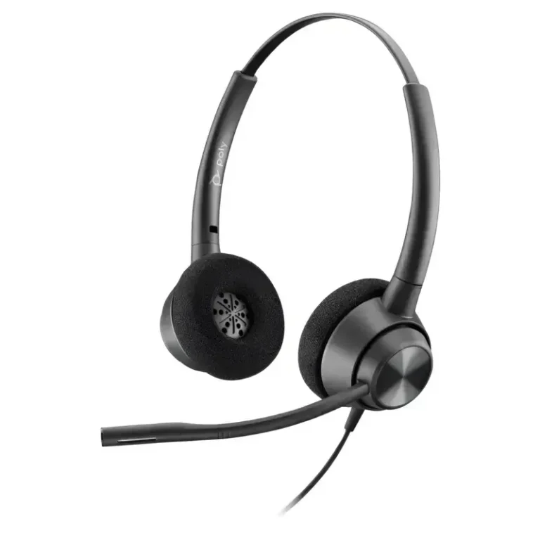 Poly EncorePro 320 QD binaural headset with black foam ear cushions, flexible boom microphone, and wired connection.