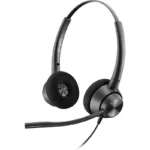 Poly EncorePro 320 stereo USB-A headset, with close front angled profile of foam earpads, Poly logo, and boom mic.