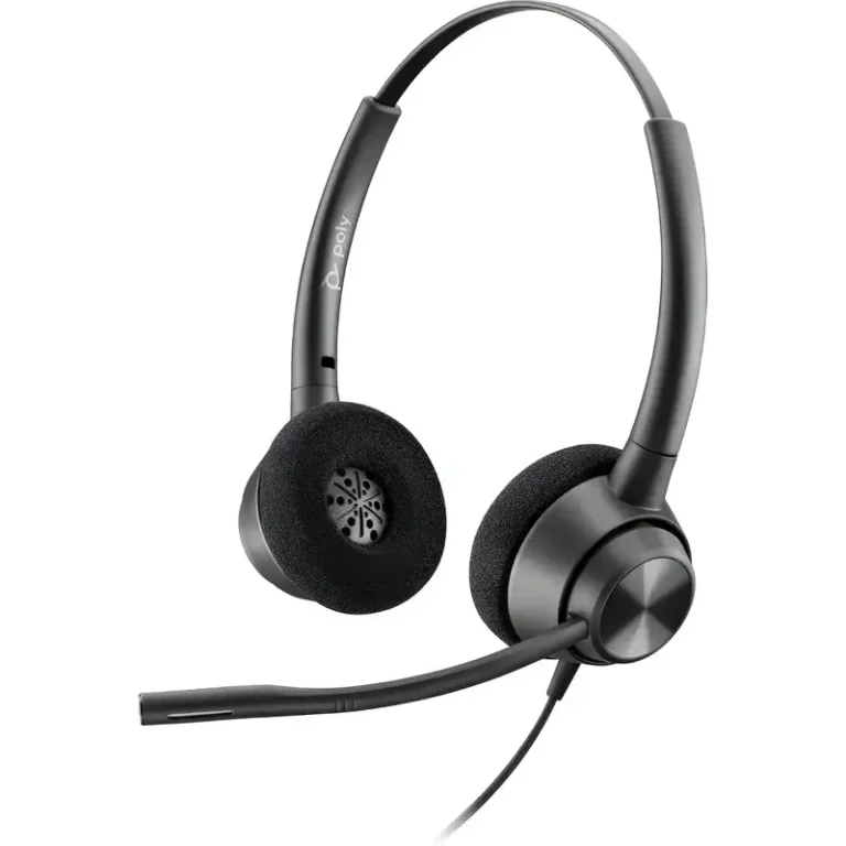 Poly EncorePro 320 stereo USB-A headset, with close front angled profile of foam earpads, Poly logo, and boom mic.