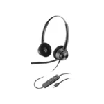 Poly EncorePro 320 stereo USB-C headset, with front angled profile of foam earpads, boom mic, and inline control unit.