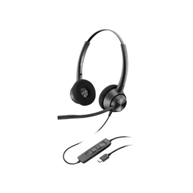 Poly EncorePro 320 stereo USB-C headset, with front angled profile of foam earpads, boom mic, and inline control unit.