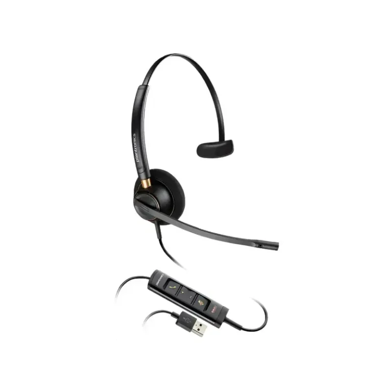 Poly EncorePro 515 USB monaural headset with single foam ear pad, temple T-bar pad, and inline audio control capsule.