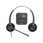 Poly EncorePro 520 QD binaural headset with circular foam cushions, slim boom mic, and square audio control hub unit.