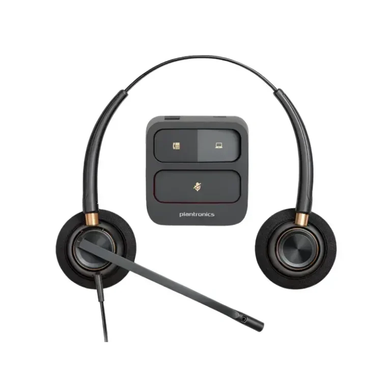 Poly EncorePro 520 QD binaural headset with circular foam cushions, slim boom mic, and square audio control hub unit.