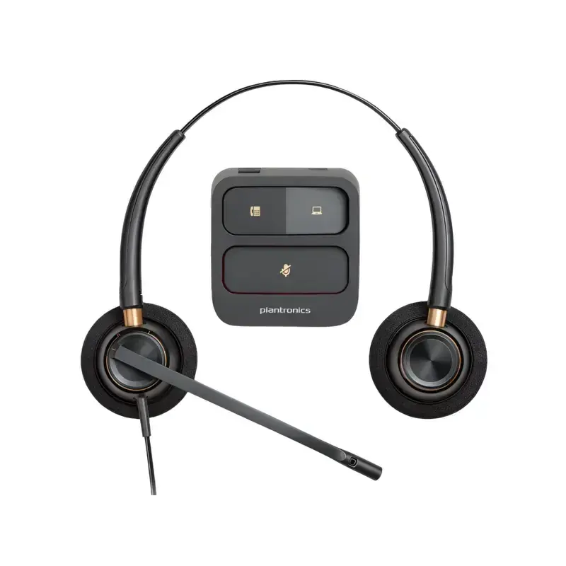 Poly EncorePro 520 QD binaural headset with circular foam cushions, slim boom mic, and square audio control hub unit. Poly EncorePro 520 QD binaural headset with circular foam cushions, slim boom mic, and square audio control hub unit.