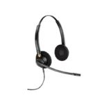 Poly EncorePro 520D QD binaural headset with round foam ear cushions, rose gold metal trim accents, and long curved boom mic.