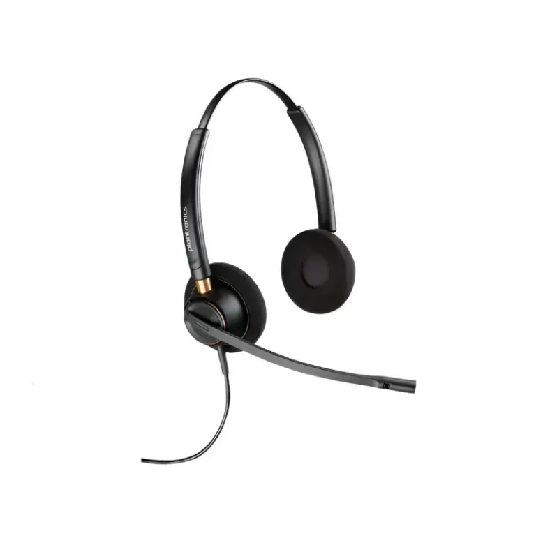 Poly EncorePro 520D QD binaural headset with round foam ear cushions, rose gold metal trim accents, and long curved boom mic.