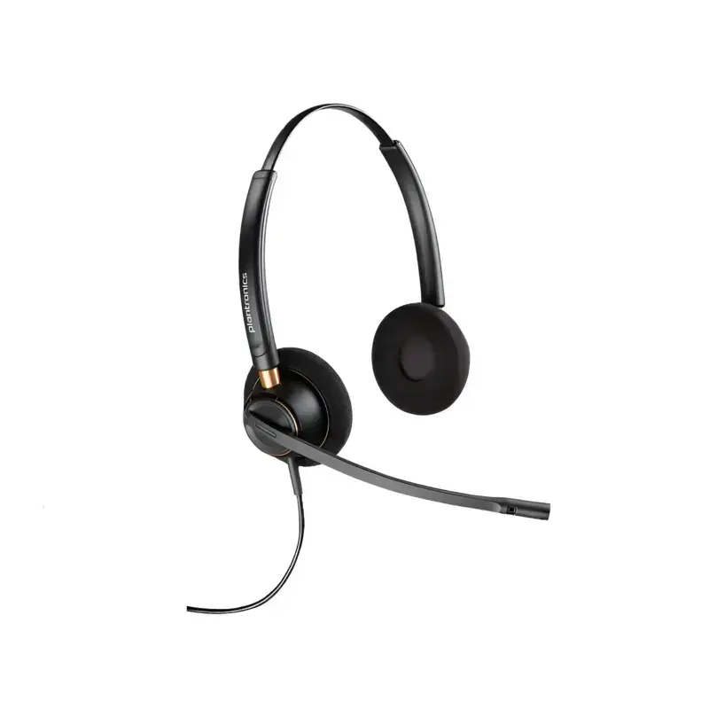 Poly EncorePro 520D QD binaural headset with round foam ear cushions, rose gold metal trim accents, and long curved boom mic. Poly EncorePro 520D QD binaural headset with round foam ear cushions, rose gold metal trim accents, and long curved boom mic.