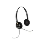 Poly EncorePro 520V QD binaural headset with round foam cushions, gold accents, and extendable silver boom microphone.