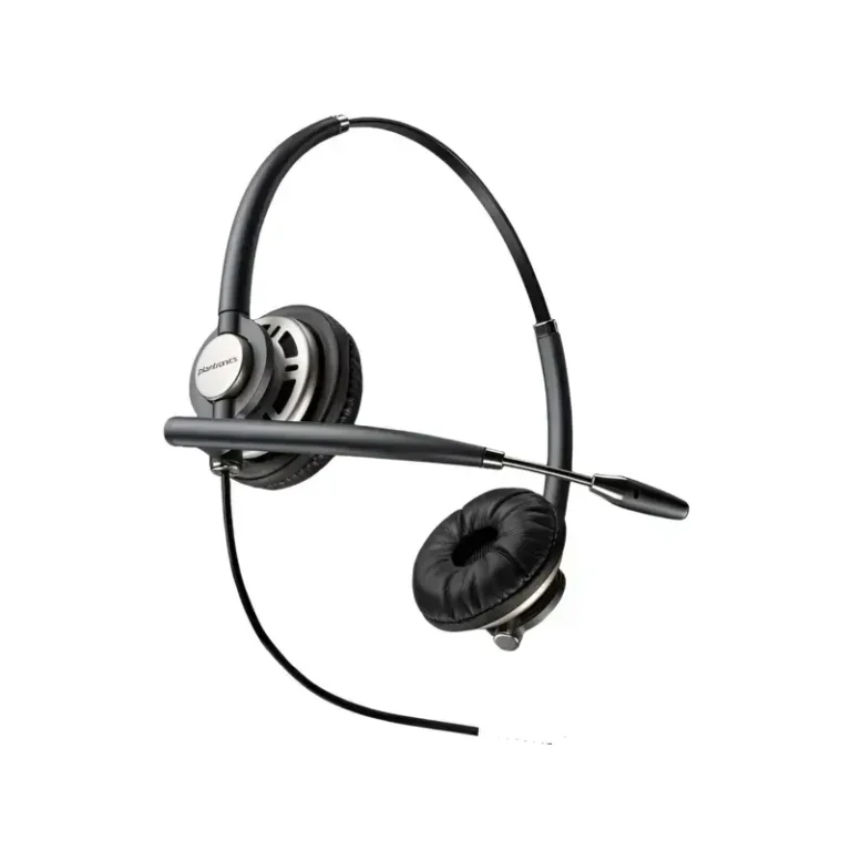 Poly EncorePro 720D binaural headset with plush leatherette ear pads, extendable slim boom microphone, and wired connection.