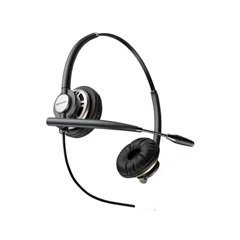 Poly EncorePro 720D binaural headset with plush leatherette ear pads, extendable slim boom microphone, and wired connection.