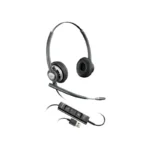 Poly EncorePro 725 USB-A stereo headset with dual leatherette ear cushions, slim boom microphone, and inline control unit.