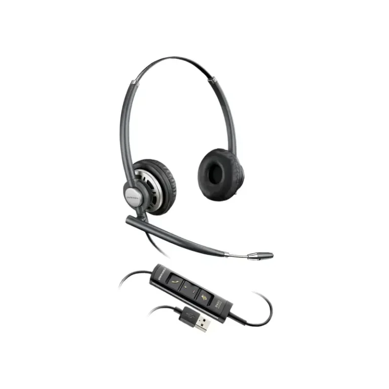 Poly EncorePro 725 USB-A stereo headset with dual leatherette ear cushions, slim boom microphone, and inline control unit.