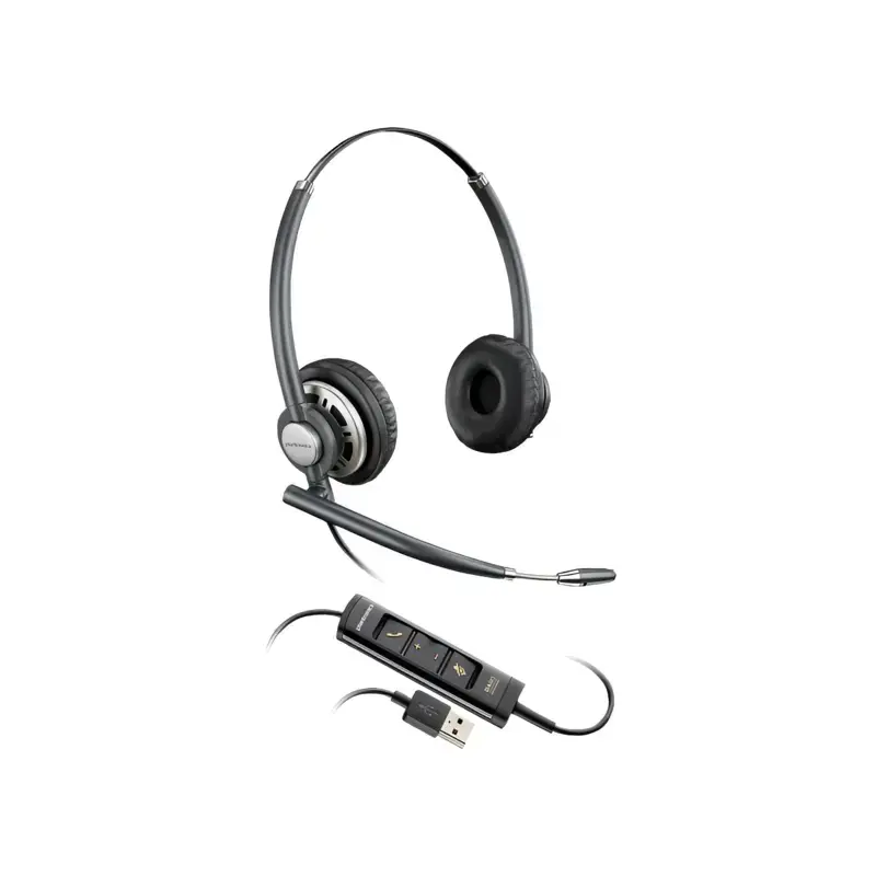 Poly EncorePro 725 USB-A stereo headset with dual leatherette ear cushions, slim boom microphone, and inline control unit.