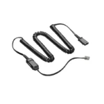 Poly HIC-10 direct connect cable with black coiled wire, inline amplifier casing, QD connector, and RJ9 modular plug.