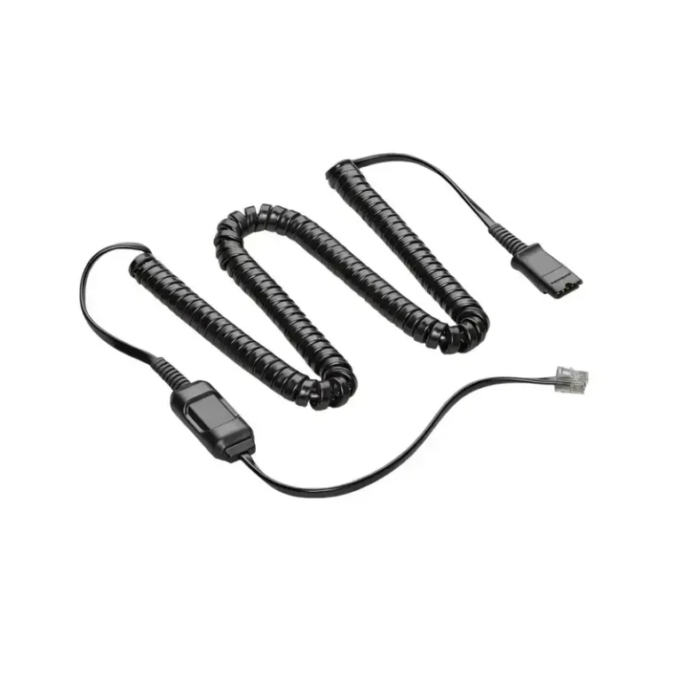 Poly HIC-10 direct connect cable with black coiled wire, inline amplifier casing, QD connector, and RJ9 modular plug.