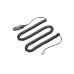 Poly HIS cable TAA direct connect adapter with matte black coiled cord, molded QD housing, and clear RJ9 modular plug.