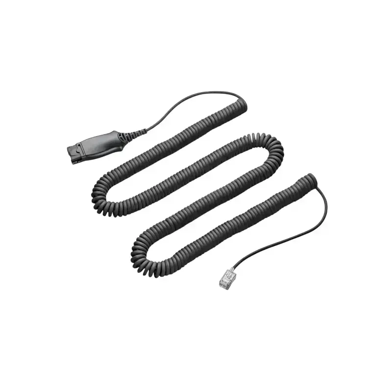 Poly HIS cable TAA direct connect adapter with matte black coiled cord, molded QD housing, and clear RJ9 modular plug. Poly HIS cable TAA direct connect adapter with matte black coiled cord, molded QD housing, and clear RJ9 modular plug.