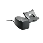Poly HL10 handset lifter with matte black motorized housing, curved plastic lifter arm, and extension base.