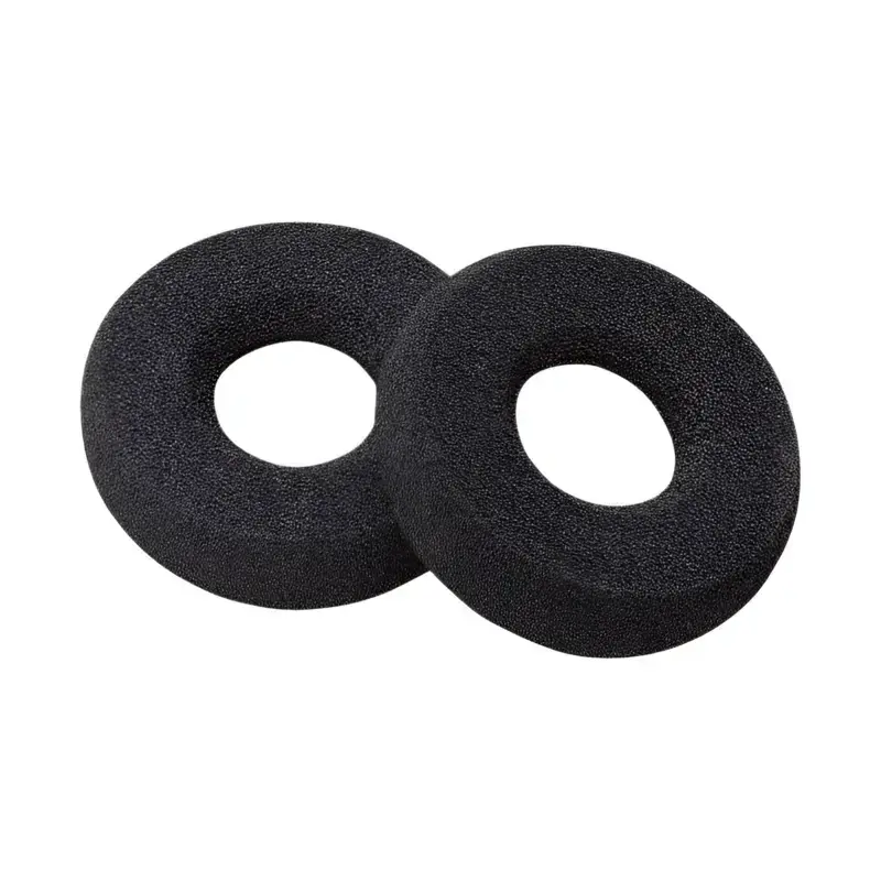 poly-savi-7300-foam-ear-cushions-783q8aa-front-angled Poly Savi 7300 headset replacement ear cushions with porous black foam texture, round shape, and open center rings.