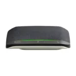 Poly Sync 10 portable USB speakerphone with illuminated touch control interface, dark fabric grille, and green LED bar.