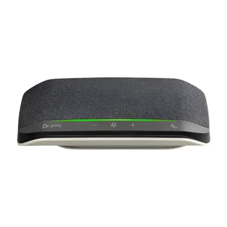Poly Sync 10 portable USB speakerphone with illuminated touch control interface, dark fabric grille, and green LED bar.