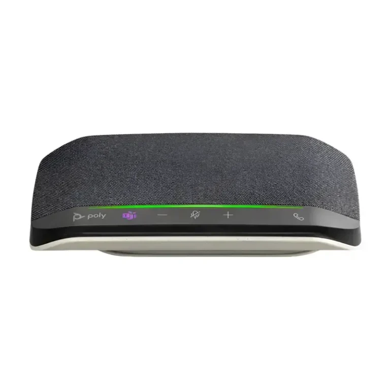 Poly Sync 10 Teams speakerphone with dark textured mesh face, glowing purple Teams button, and green LED light bar.