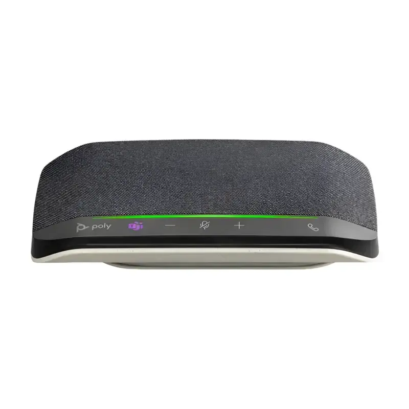 Poly Sync 10 Teams speakerphone with dark textured mesh face, glowing purple Teams button, and green LED light bar. Poly Sync 10 Teams speakerphone with dark textured mesh face, glowing purple Teams button, and green LED light bar.