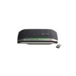 Poly Sync 20 Plus Teams certified speakerphone with dark mesh grille, illuminated purple Teams icon, and USB dongle.