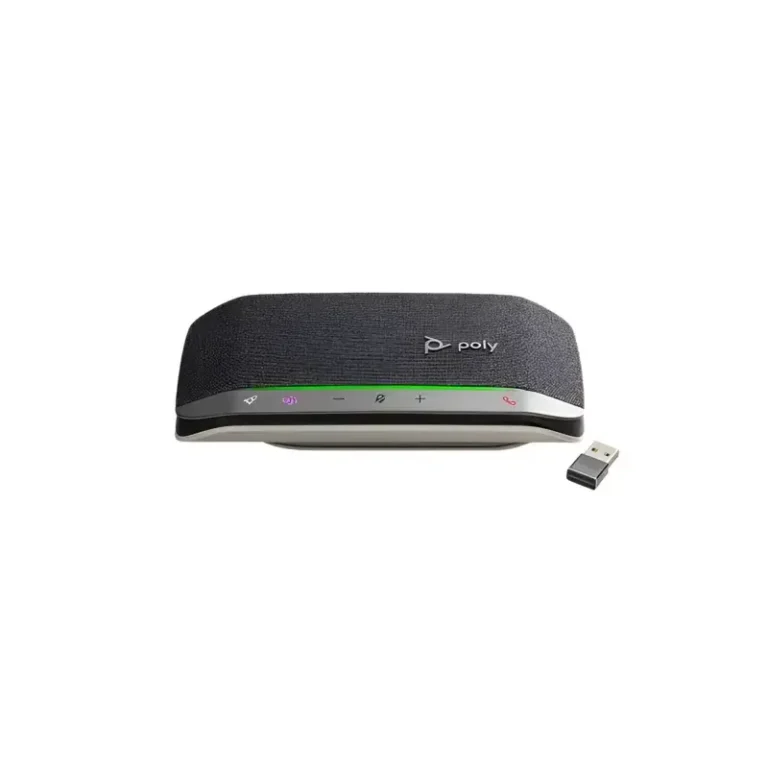 Poly Sync 20 Plus Teams certified speakerphone with dark mesh grille, illuminated purple Teams icon, and USB dongle.