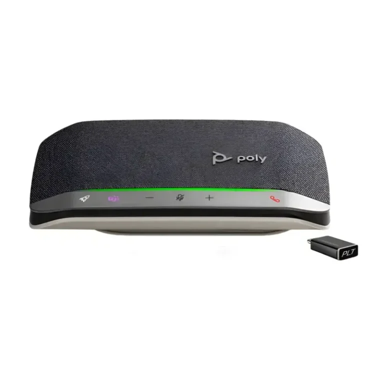 Poly Sync 20 Plus Teams certified speakerphone with charcoal grille, glowing purple Teams button, and USB-C adapter.