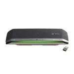 Poly Sync 40 Plus smart bluetooth speakerphone with dark grey mesh casing, green status bar, and wireless USB dongle.