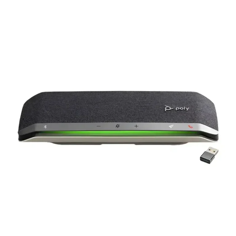 Poly Sync 40 Plus smart bluetooth speakerphone with dark grey mesh casing, green status bar, and wireless USB dongle.