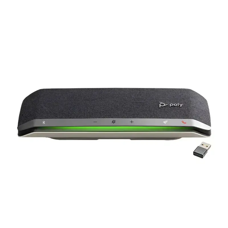 Poly Sync 40 Plus smart bluetooth speakerphone with dark grey mesh casing, green status bar, and wireless USB dongle. Poly Sync 40 Plus smart bluetooth speakerphone with dark grey mesh casing, green status bar, and wireless USB dongle.