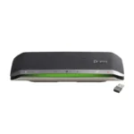 Poly Sync 40 Plus Teams speakerphone with charcoal fabric casing, purple Teams interface key, and wireless USB dongle.