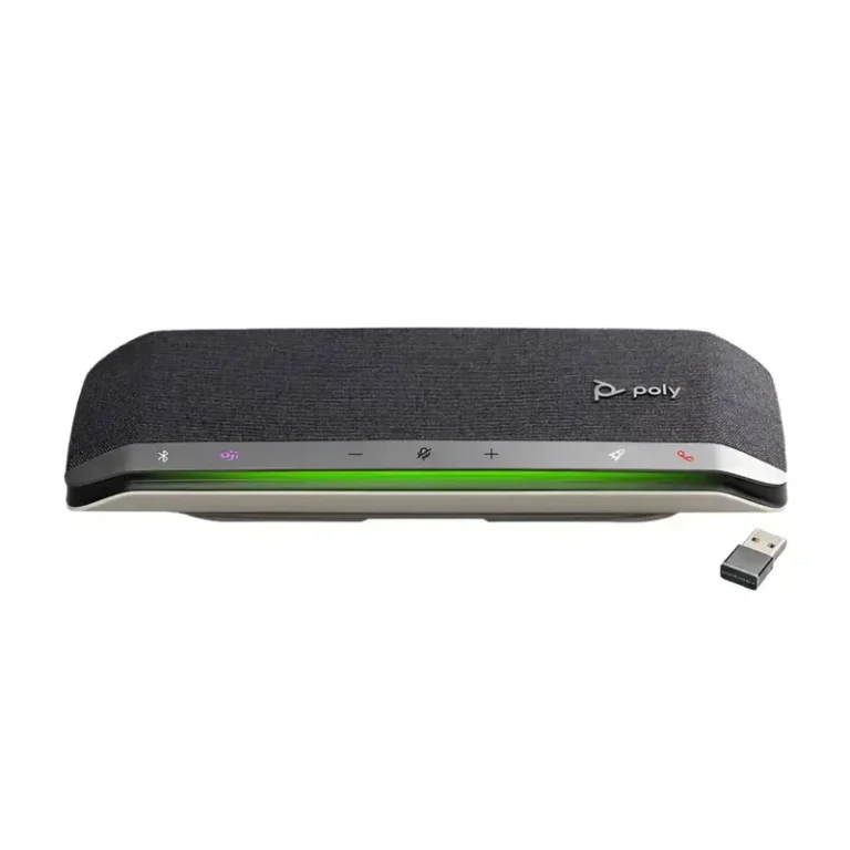 Poly Sync 40 Plus Teams speakerphone with charcoal fabric casing, purple Teams interface key, and wireless USB dongle.