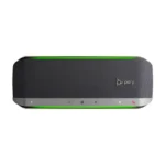 Poly Sync 40 smart bluetooth speakerphone with charcoal grey mesh texture, touch interface strip, and green LED light bars.