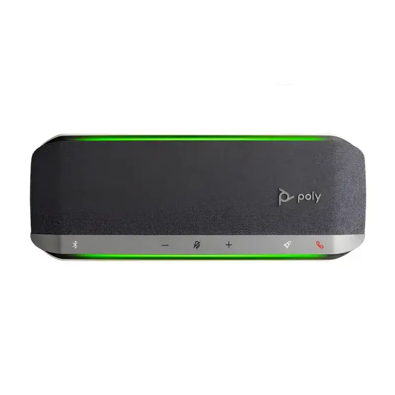 Poly Sync 40 smart bluetooth speakerphone with charcoal grey mesh texture, touch interface strip, and green LED light bars. Poly Sync 40 smart bluetooth speakerphone with charcoal grey mesh texture, touch interface strip, and green LED light bars.