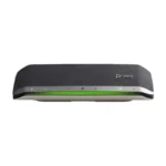 Poly Sync 40 Teams speakerphone with charcoal grey mesh casing, purple Teams touch key, and green LED light bar.
