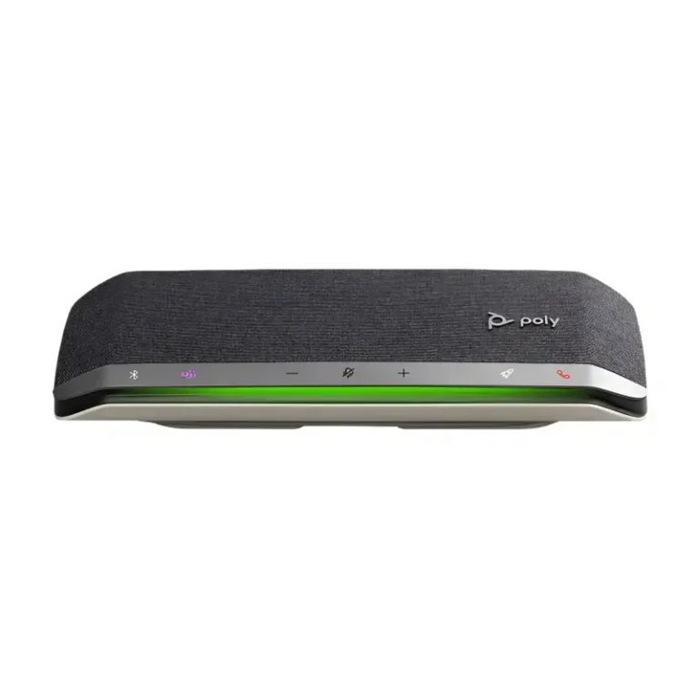 Poly Sync 40 Teams speakerphone with charcoal grey mesh casing, purple Teams touch key, and green LED light bar.
