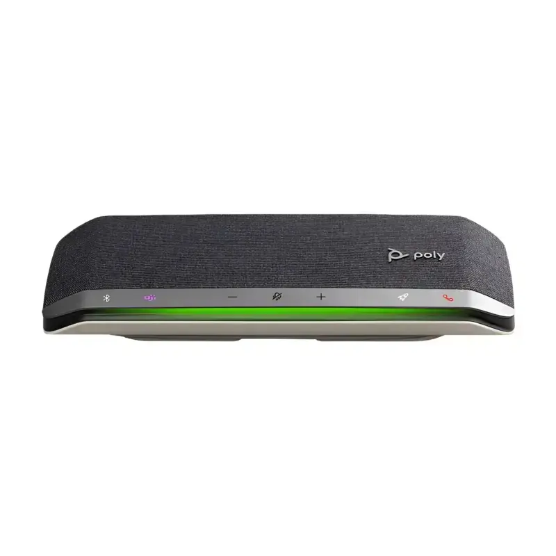 Poly Sync 40 Teams speakerphone with charcoal grey mesh casing, purple Teams touch key, and green LED light bar. Poly Sync 40 Teams speakerphone with charcoal grey mesh casing, purple Teams touch key, and green LED light bar.