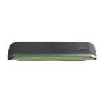 Poly Sync 60 smart conference speakerphone with dark grey fabric grille and glowing green led light strip.