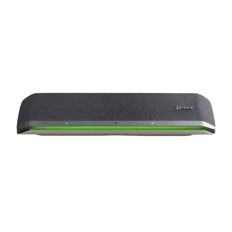 Poly Sync 60 smart conference speakerphone with dark grey fabric grille and glowing green led light strip.