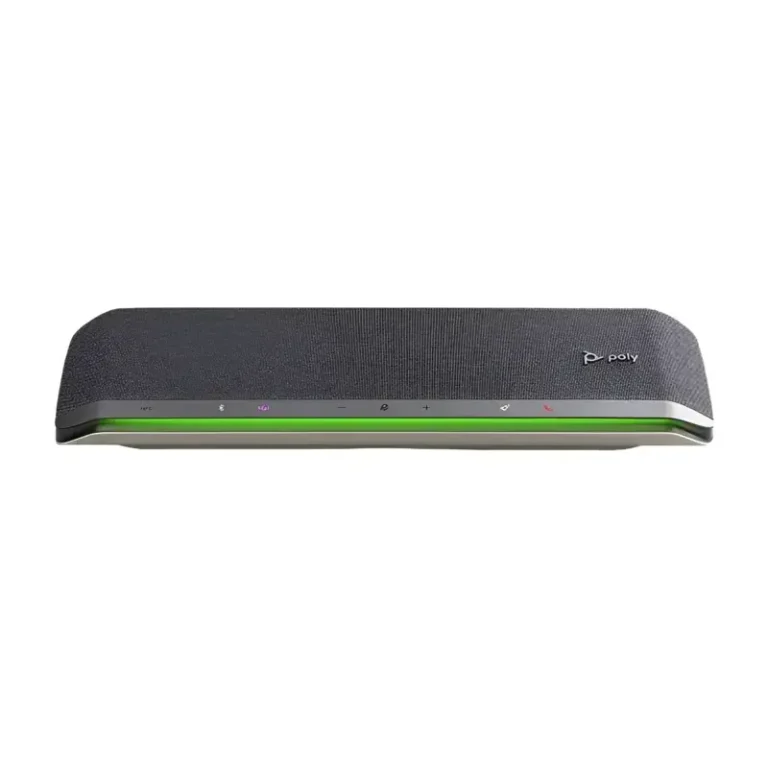 Poly Sync 60 Teams speakerphone with extended charcoal fabric casing, purple Teams key, and bright green LED light bar.