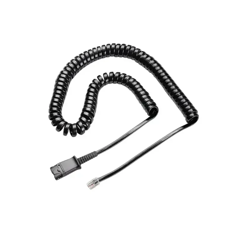 Poly U10P-S cable headset adapter with gloss black spring wire loops, molded QD connector, and modular RJ9 telephone jack.