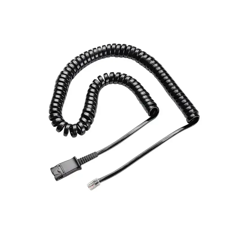 Poly U10P-S cable headset adapter with gloss black spring wire loops, molded QD connector, and modular RJ9 telephone jack.